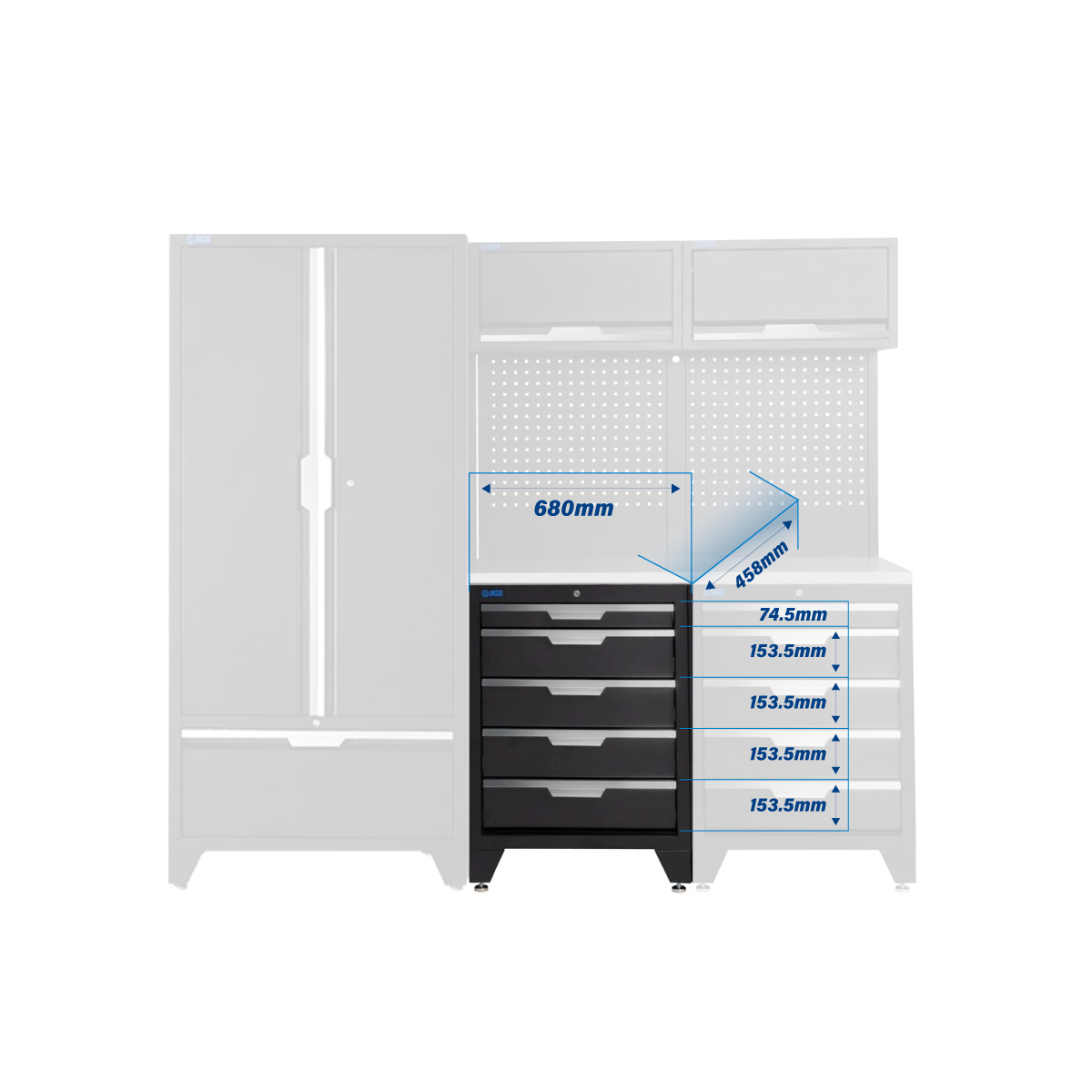 SGS 7pc Modular Garage Storage | 10 Drawers | Stainless Steel Worktop | 2x Upper Cabinets | Tall Double Cabinet | Tall Double Cabinet with Drawer